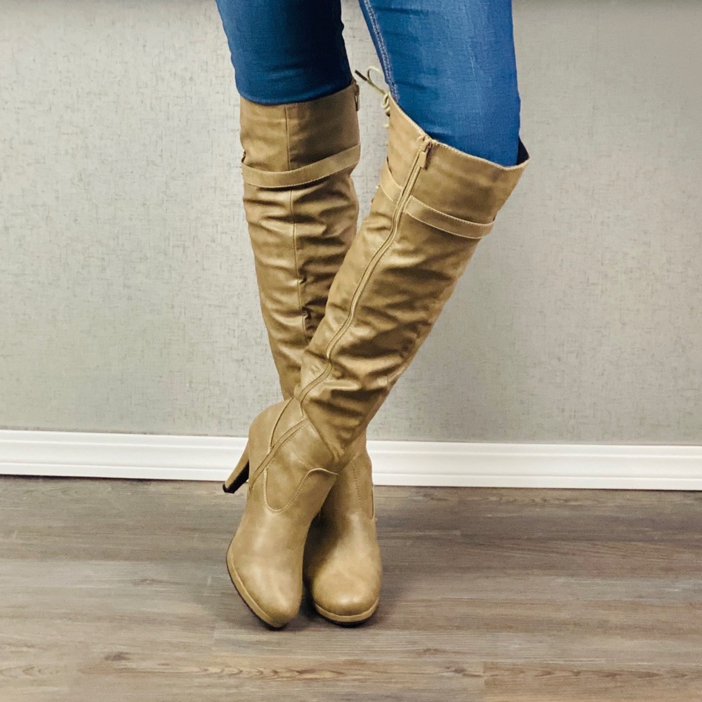 Over the Knee Tan Lace Up Faux Leather Boots